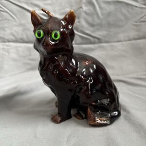 Brown Sitting Cat Candle Green Eyes 5.5 Inches Tall Halloween